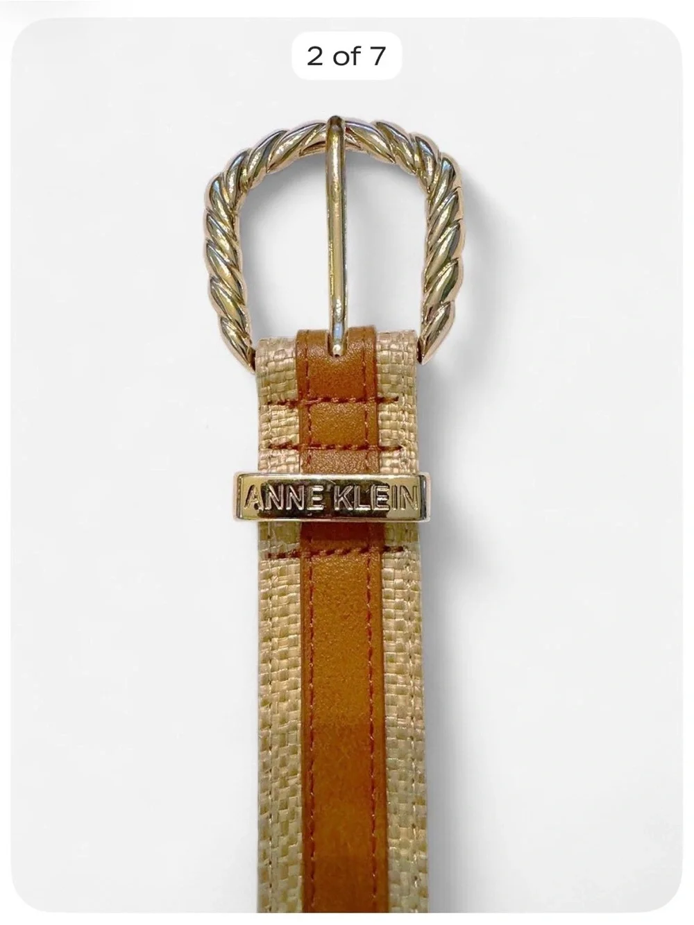 Anne Klein Woven Straw Belt Tan Brown Gold Twisted Buckle Women’s Size M/L